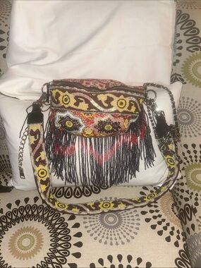 Steve Madden Beaded Fringe Crossbody Bag in Black, Red & Yellow